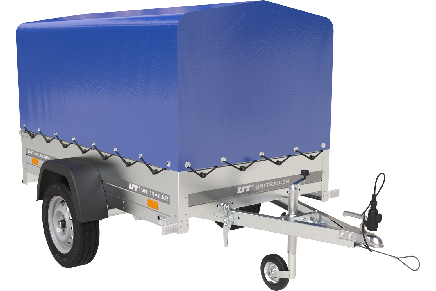Remorque bagagère garden trailer 200 kipp 200 x 106 cm avec bâche haute bleue, arceau et roue jockey